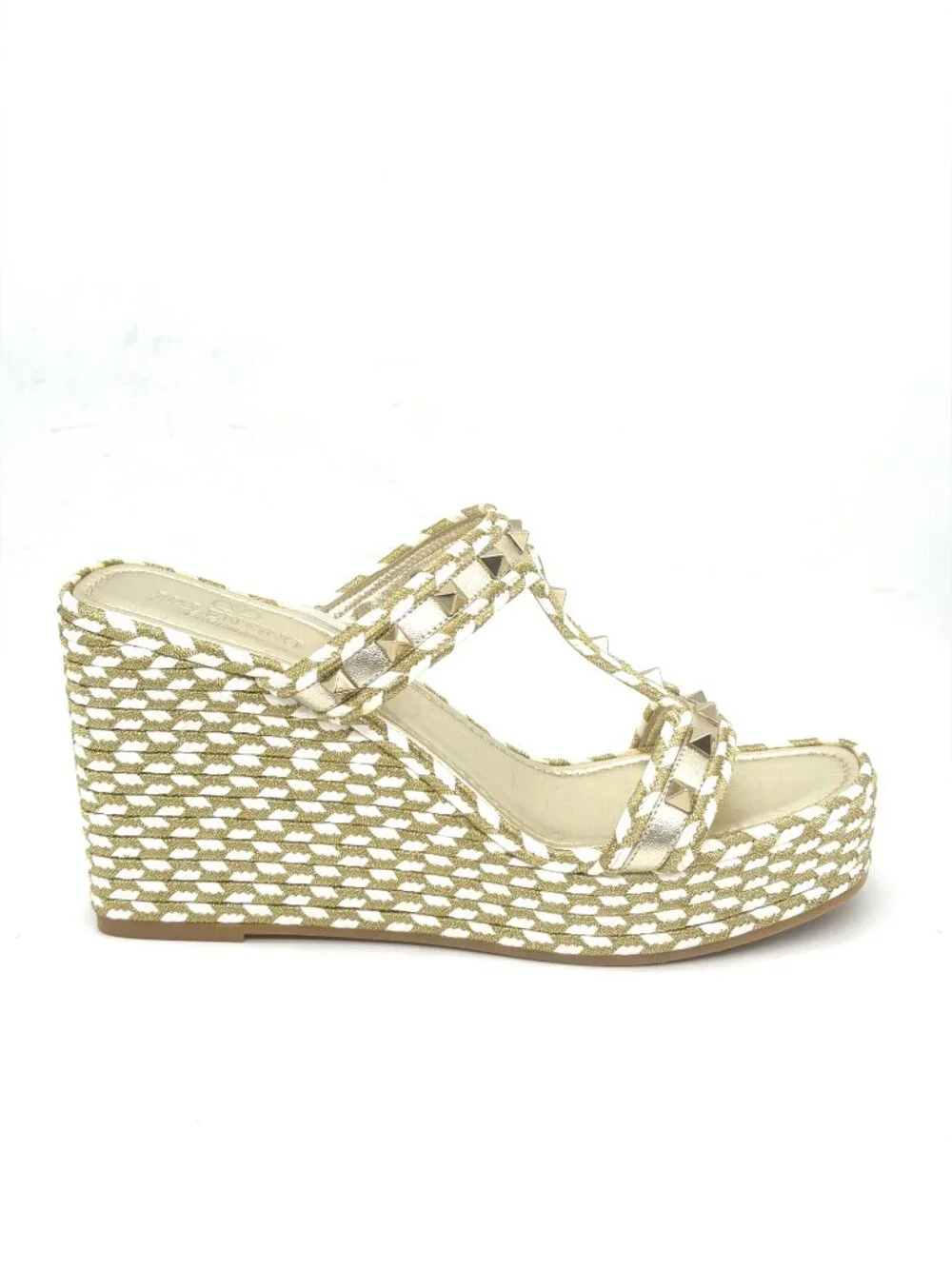 Valentino Rockstud Torchon Rope Wedge Heel Braided Espadrille Slide Sandals